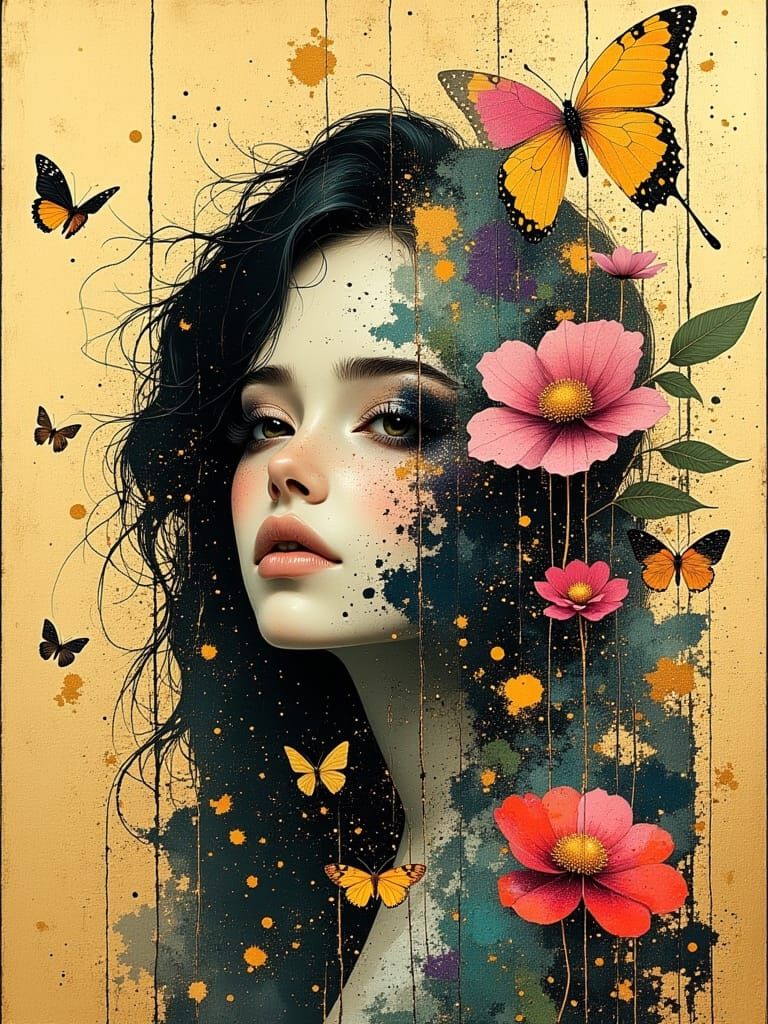 Double Exposure Portrait with Floral Landscape