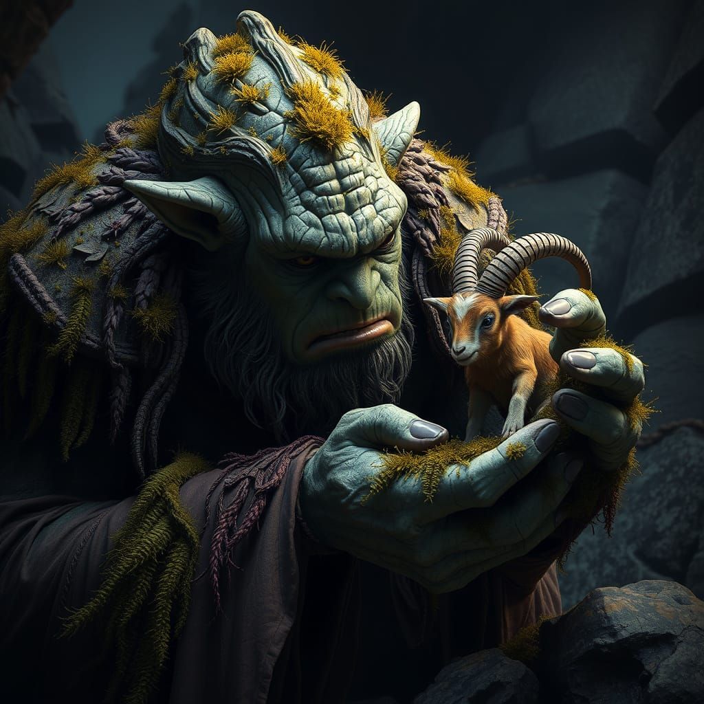 Troll and Goat in Dark Fantasy Style
