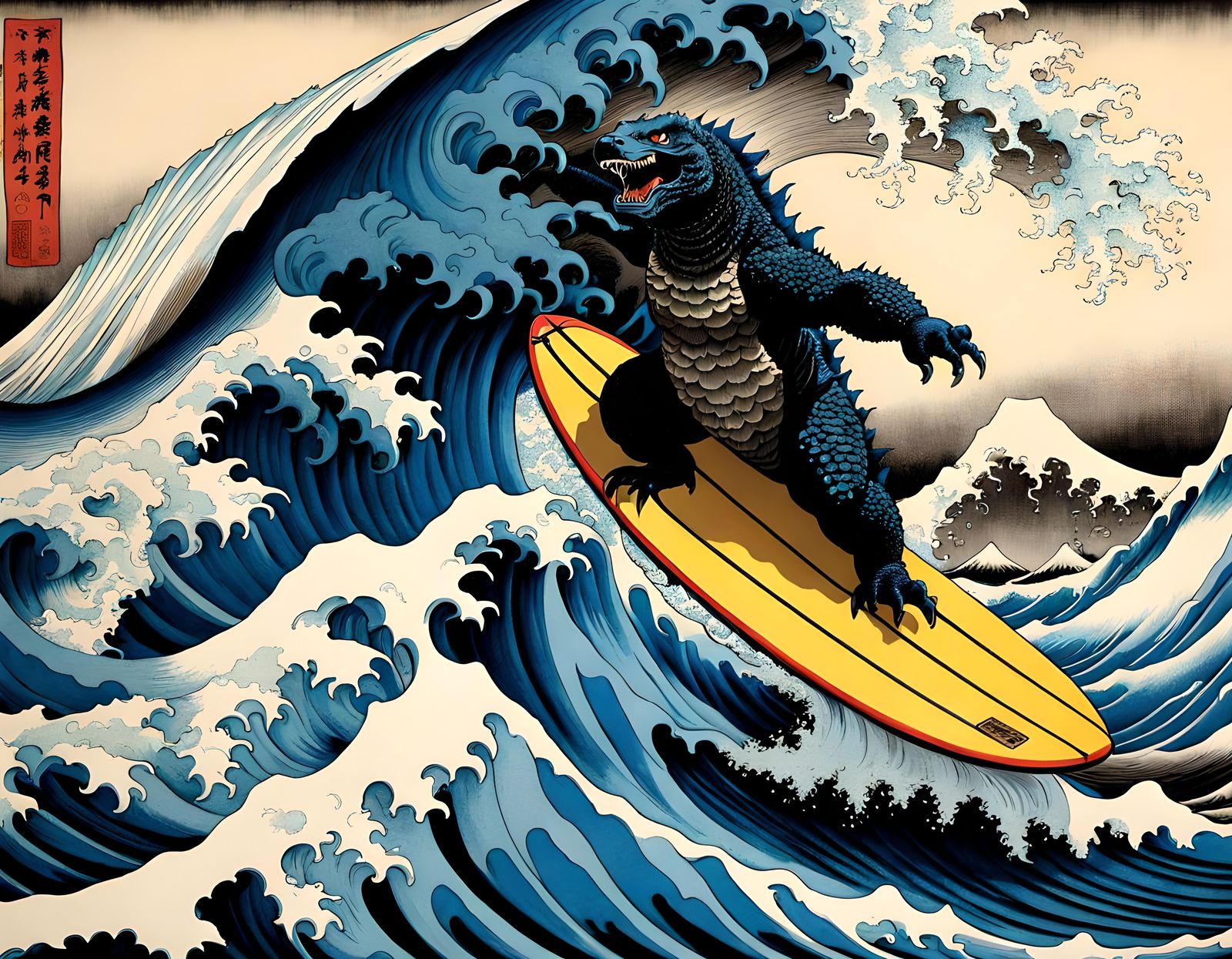 Godzilla Surfing in Hokusai's Great Wave: Ink Art