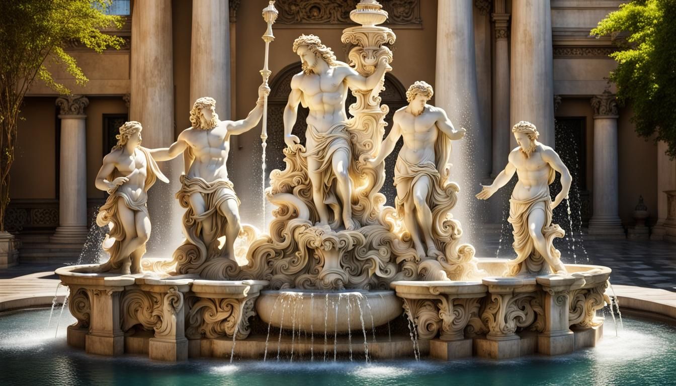 Ornate Water Fountain Featuring Greek and Hawaiian Gods