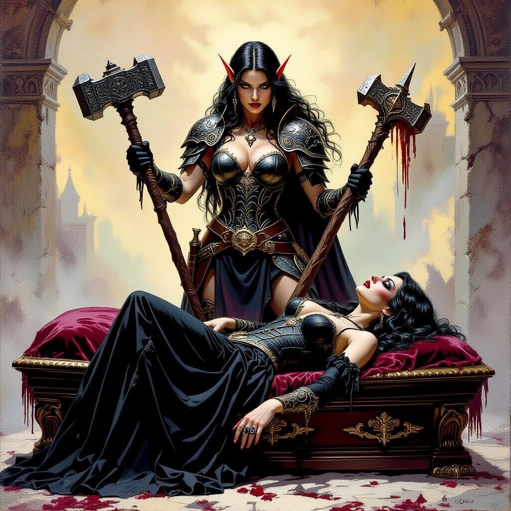 Elf Hunts Vampire in Dark Gothic Fantasy Style