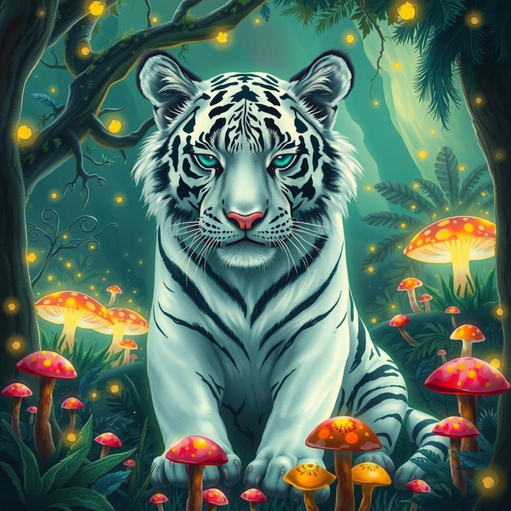 Glowing Whitetiger in Vibrant Fairytale Forest Scenes