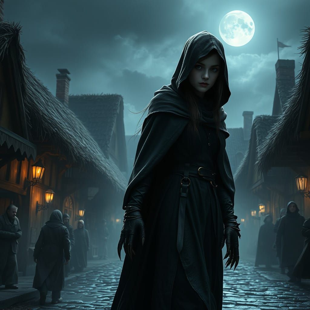 Medieval Woman Conceals Feral Nature in Crowd, Dark Fantasy...