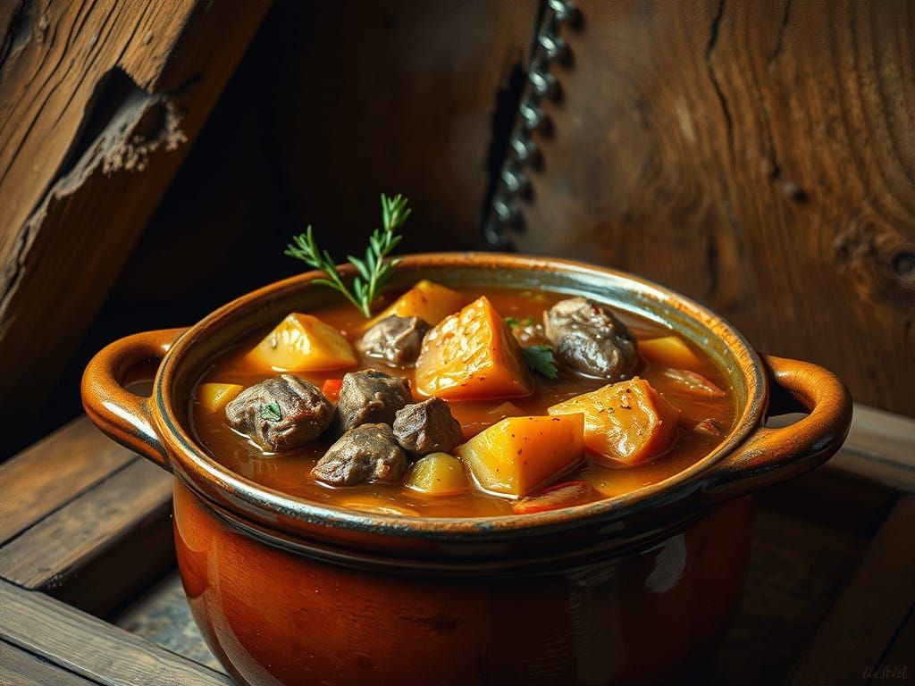 Cozy Impressionist Stew Scene in Earthy Rustic Setting
