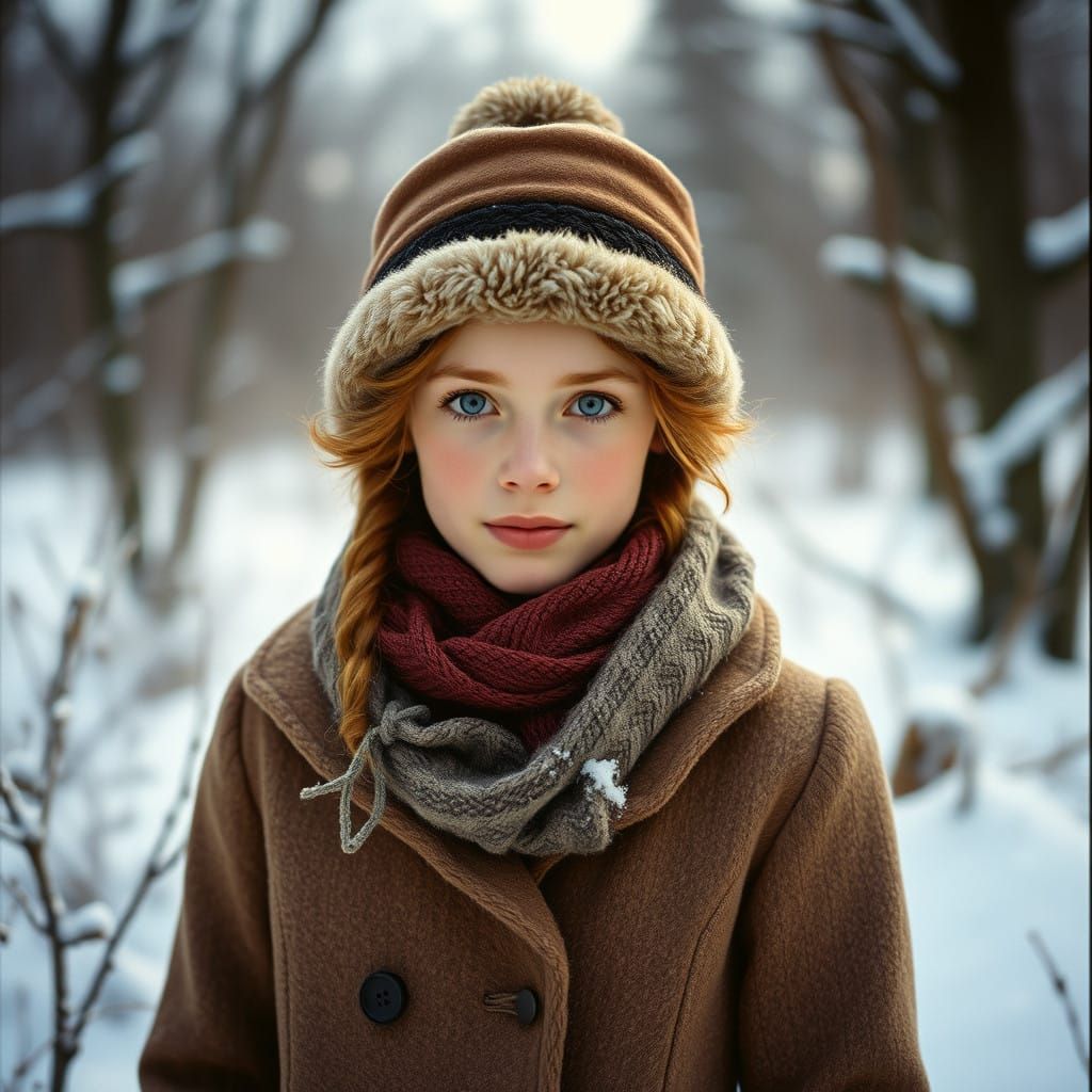 Victorian-Era Girl Stands in Snowy Winter Landscape in Cinem...