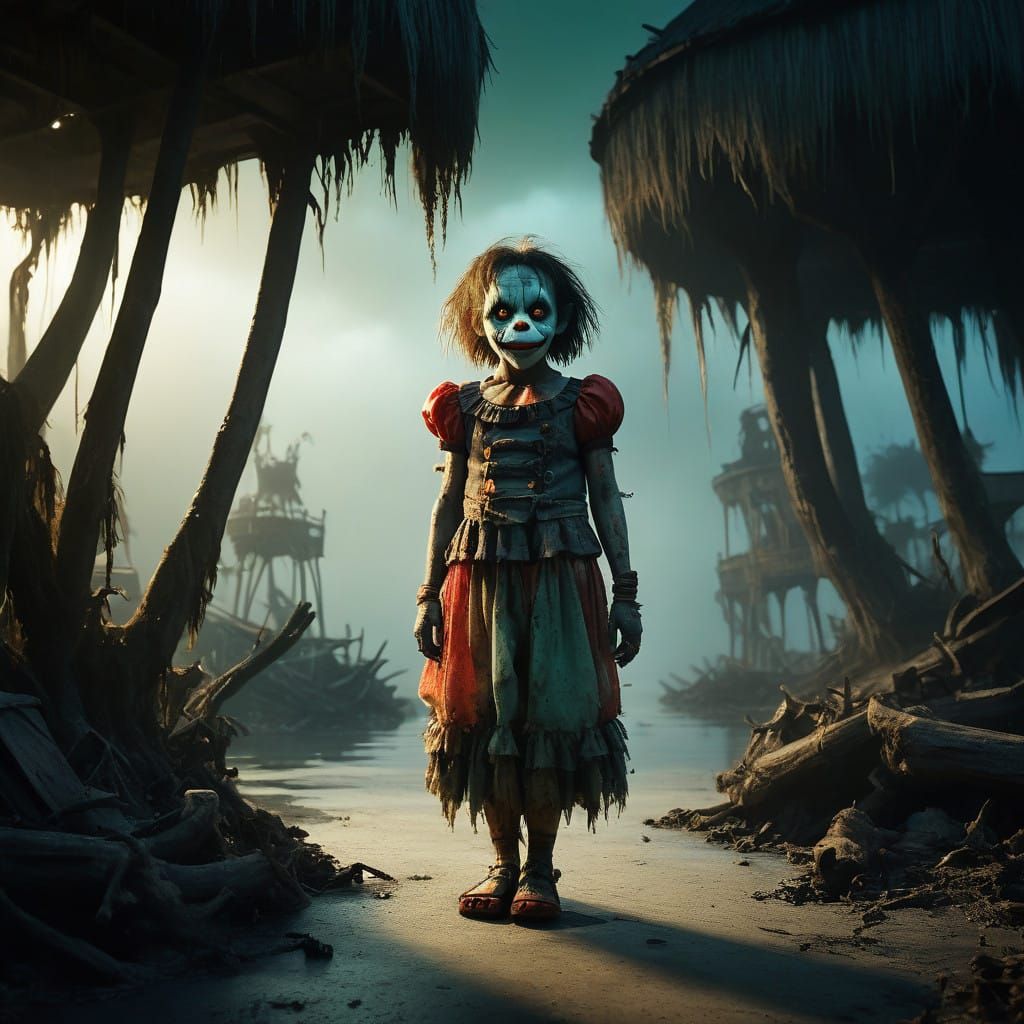 Surreal Circus Clown Toddler Emerges from Turquoise Lagoon