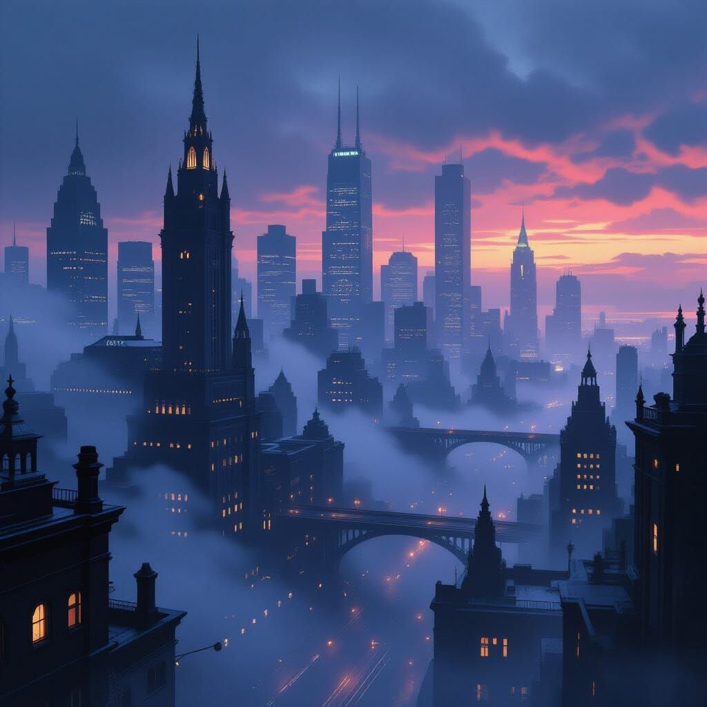 Gotham Cityscape in Cyberpunk Film Noir Style