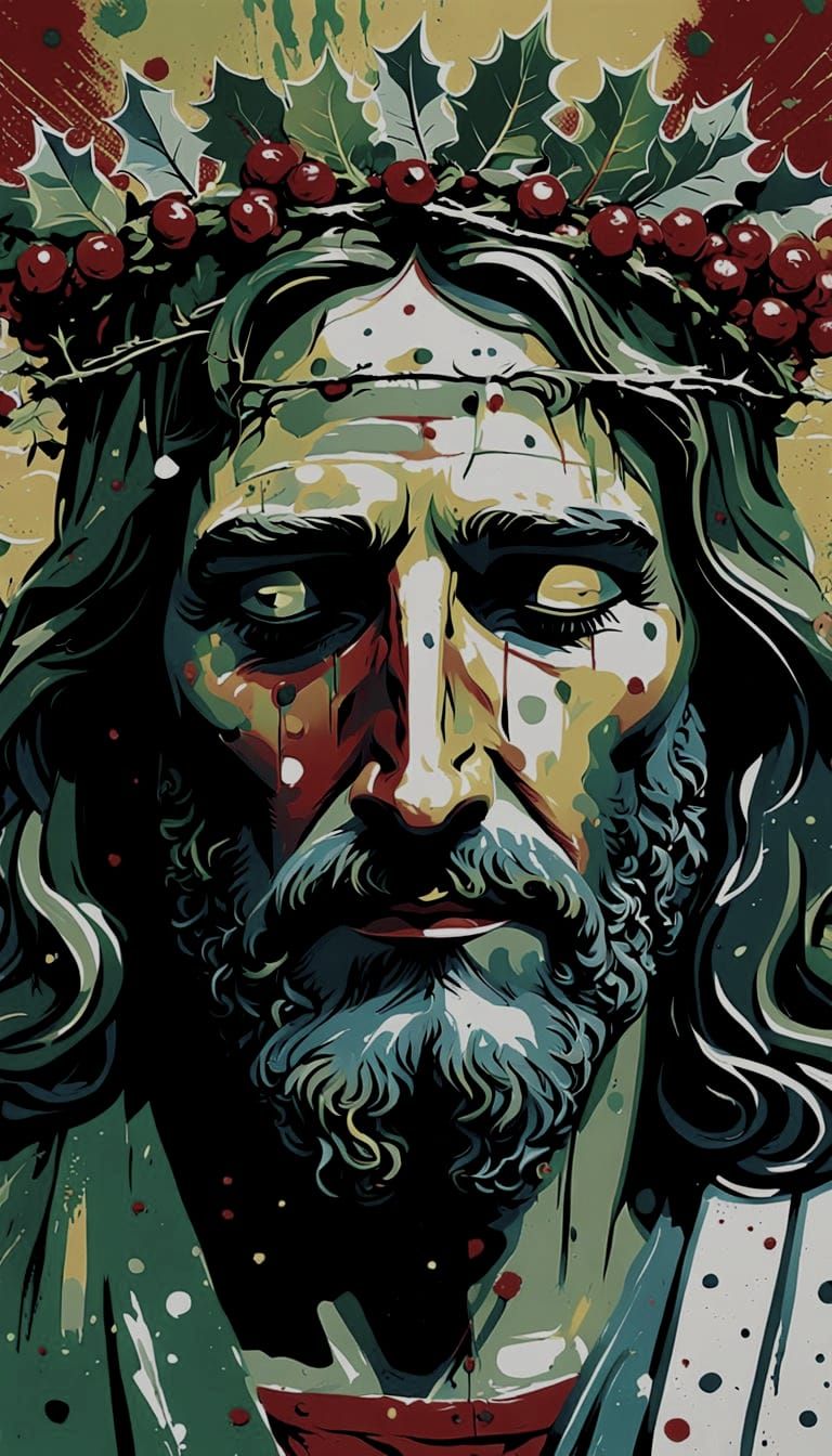Crucified Christ with Holly Crown in Painterly Style