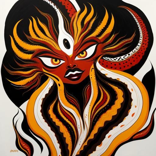 Dragon Aboriginal Surrealist Oil Painting With Abstract Face...