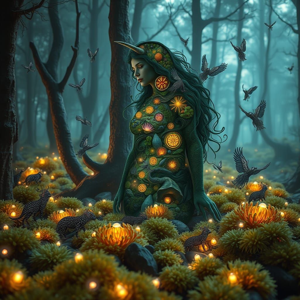 Bioluminescent Forest with Mythical Creatures in Bio-Art Sty...