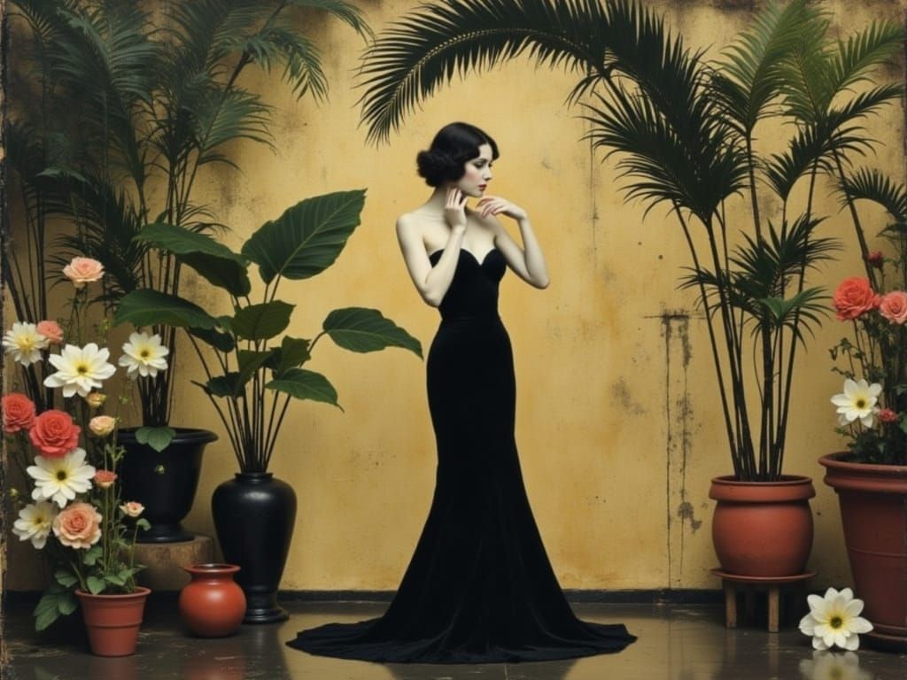 Nightclub Singer in Tropical Garden as Impasto Painting