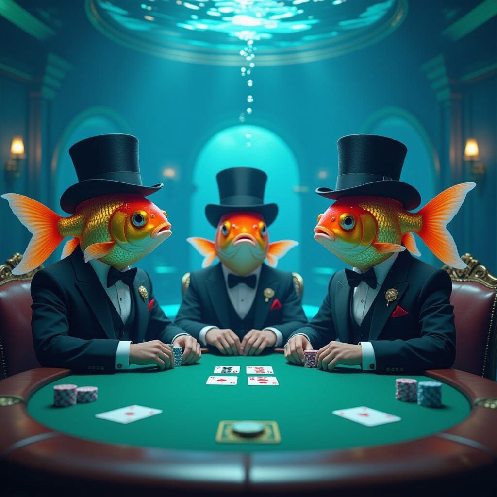 Underwater Poker Game in Digital Painting Style