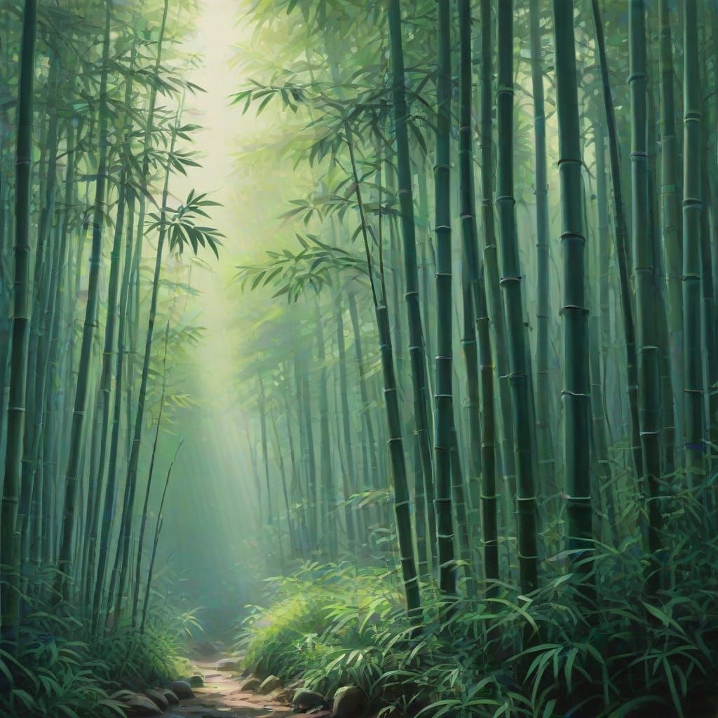 Serene Japanese Bamboo Forest in Gouache