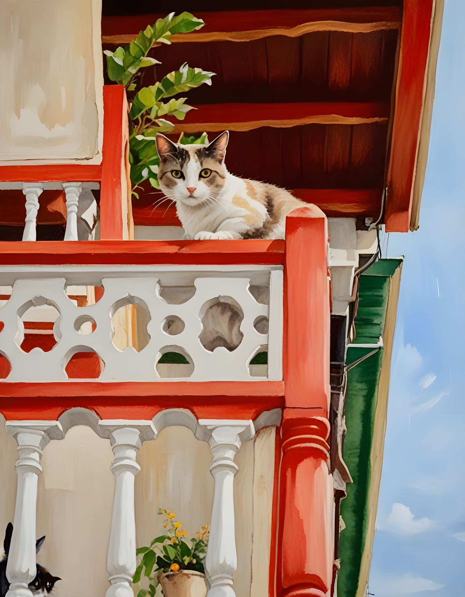 Vibrant Colombian Balcony Scene in Oil Painting