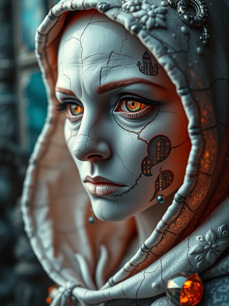Surreal Porcelain Goddess with Fractal Hood and City Reflect...