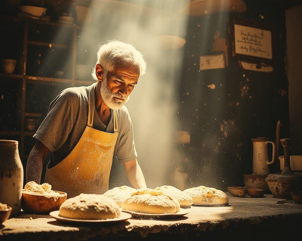 Elderly Baker Kneading Dough in Sunlit Kitchen