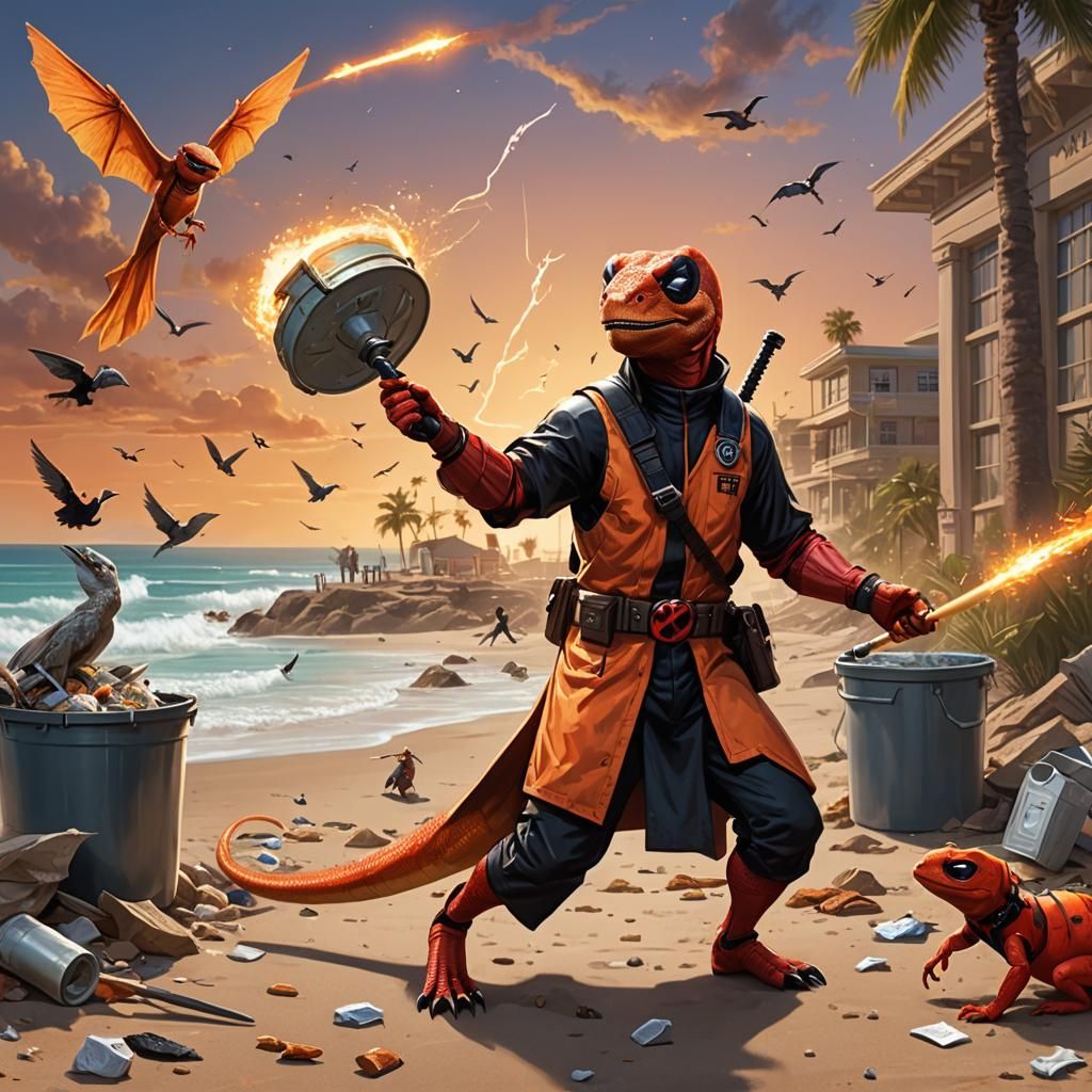 Orange Lizard Wizard Casting Spells: Surreal Mixed Media