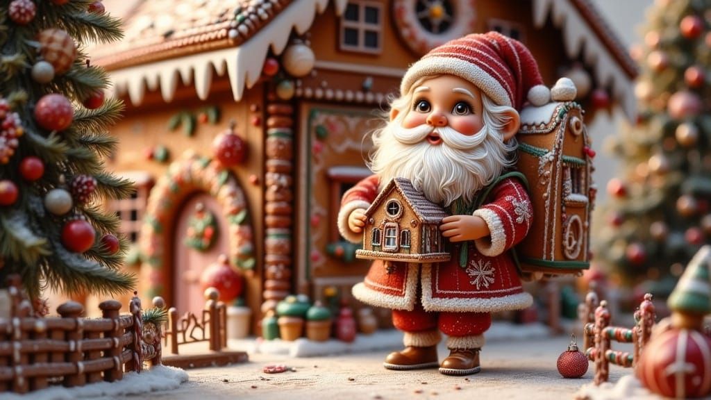 Gingerbread Village Scene with Whimsical Santa Claus