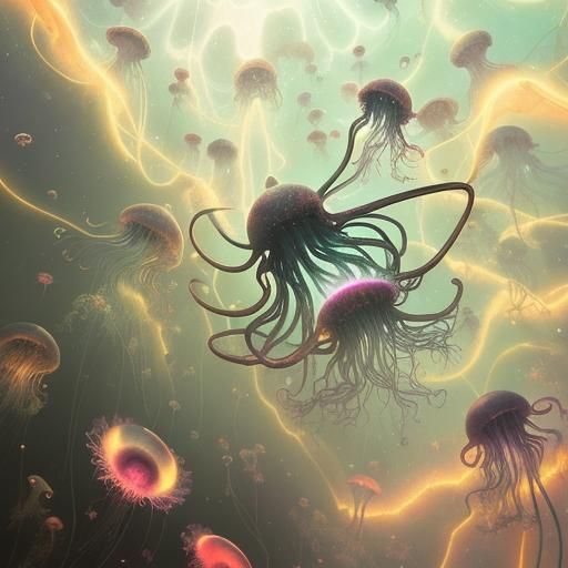 Cosmic Surrealism: Iridescent Hydromedusae in Nebula