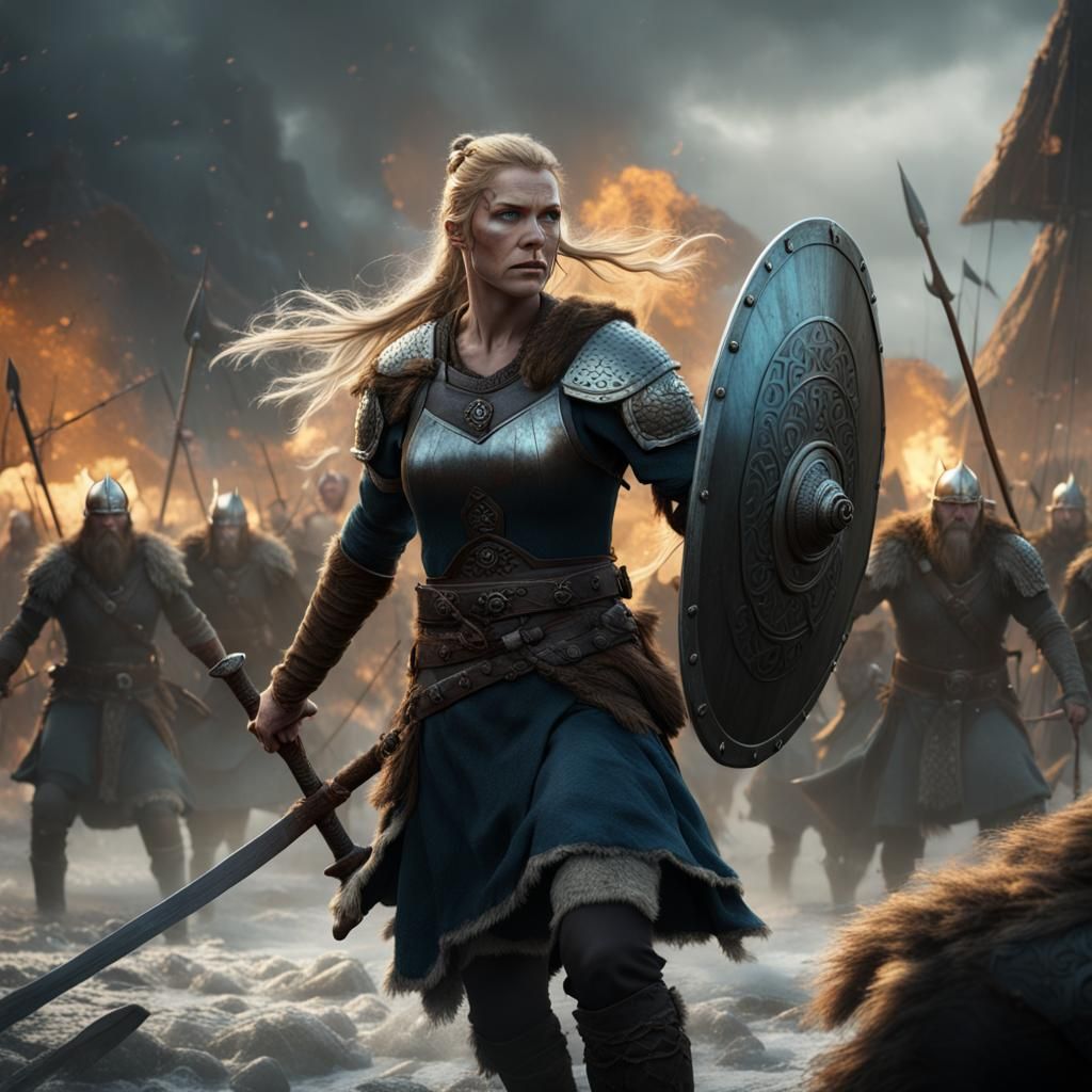 Viking Shieldmaiden in Battle: Detailed Fantasy Art