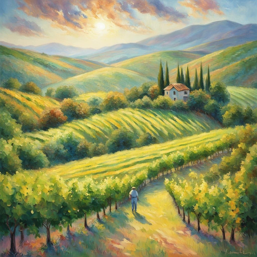 Impressionist Vineyard Scene with Warm Golden Light