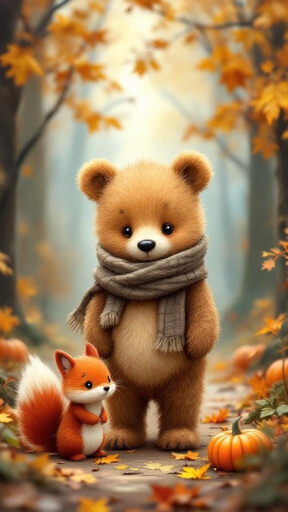 Baby Bear and Squirrel in Autumn Forest