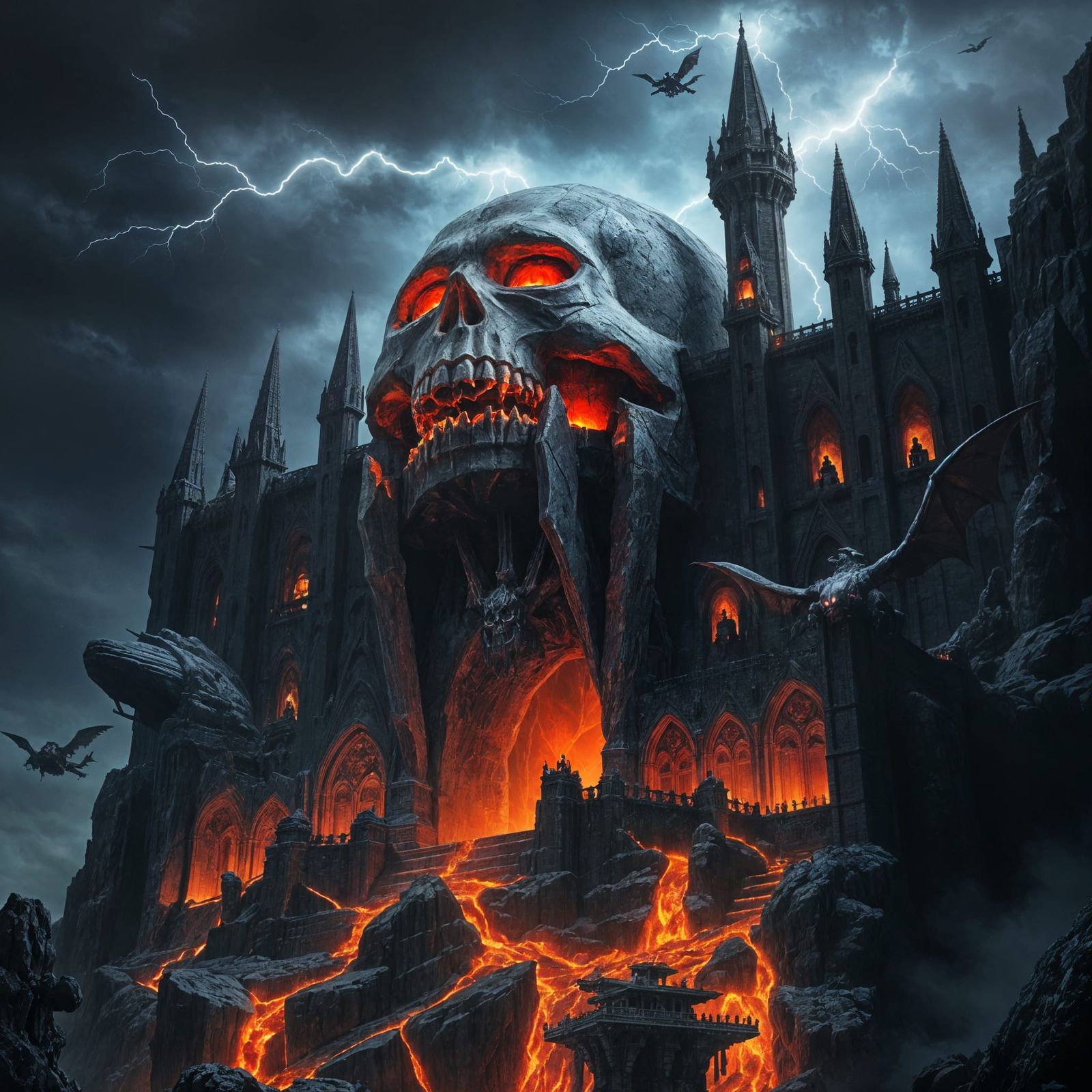 A vast, menacing villain’s hideout carved into the side of a...