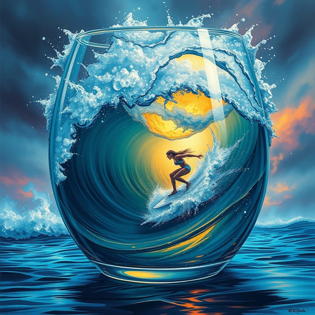 Stormy Sea in Glass with Surfer: Hyperrealistic Splash Art