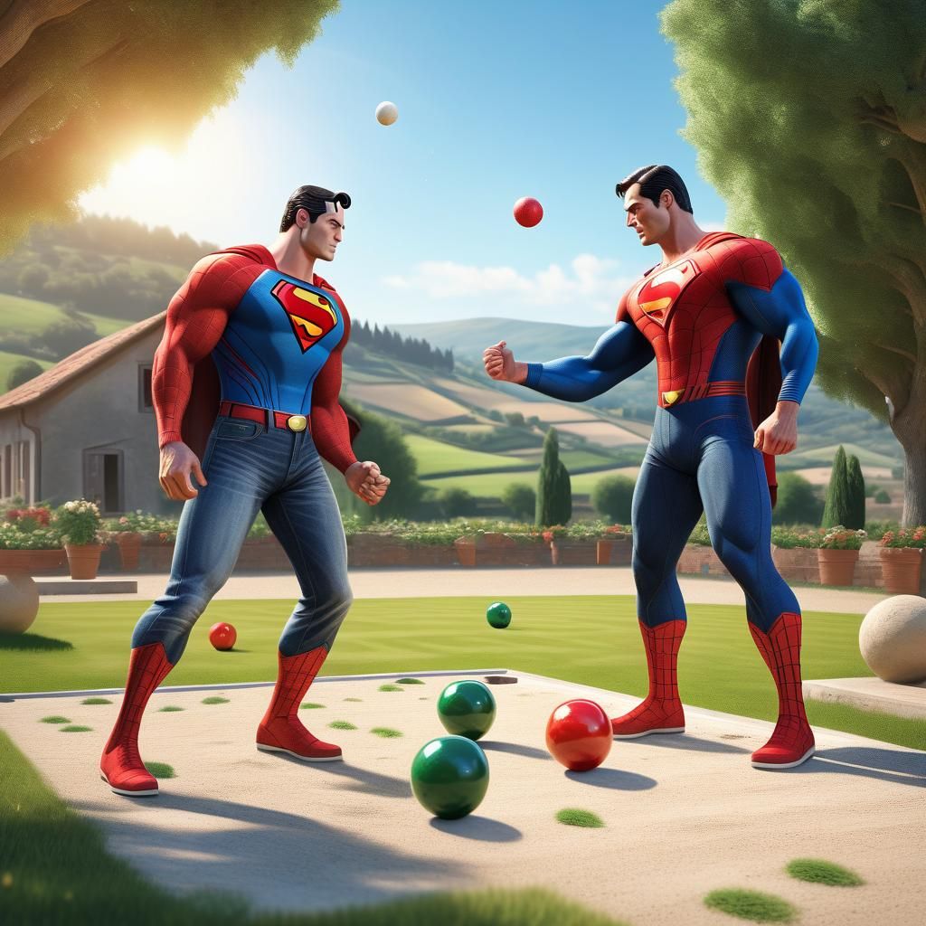 Superman and Spiderman in jeans and t-shirt playing bocce in...