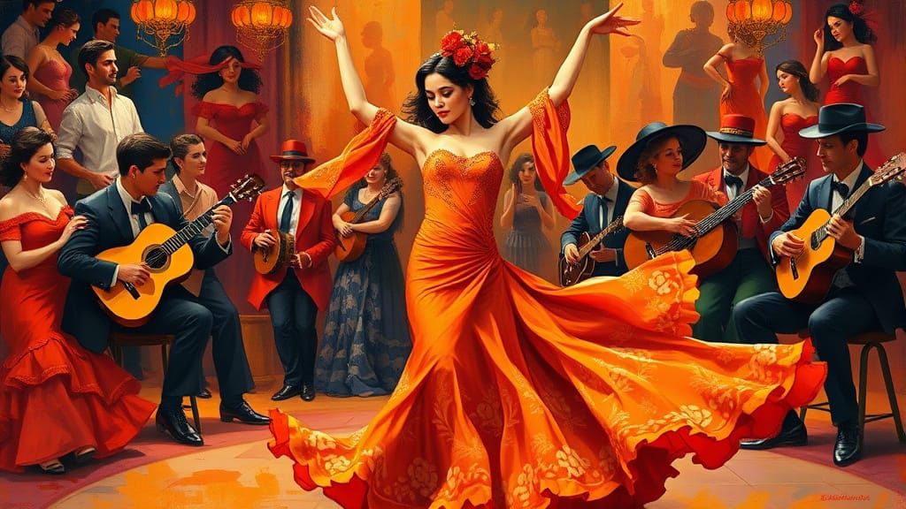 Flamenco Dancer in Orange Dress: Expressive Impasto Painting