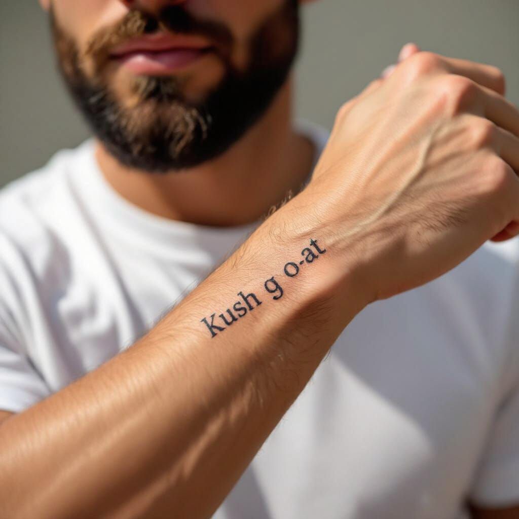 Close-Up Photo of Forearm Tattoo: Kush GOAT