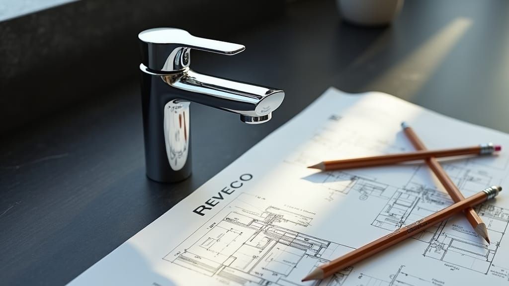 Sleek Chrome Faucet on Architectural Blueprints
