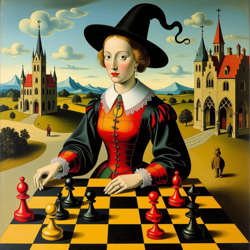 Colorful Distorted Chessboard in Surreal Gothic Style