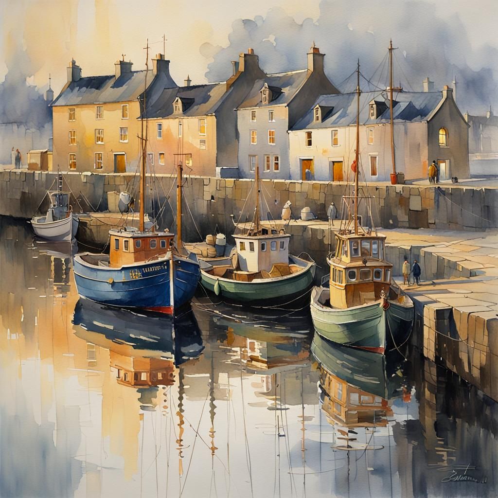 Warm Evening Scene in Old Scottish Fishing Harbor