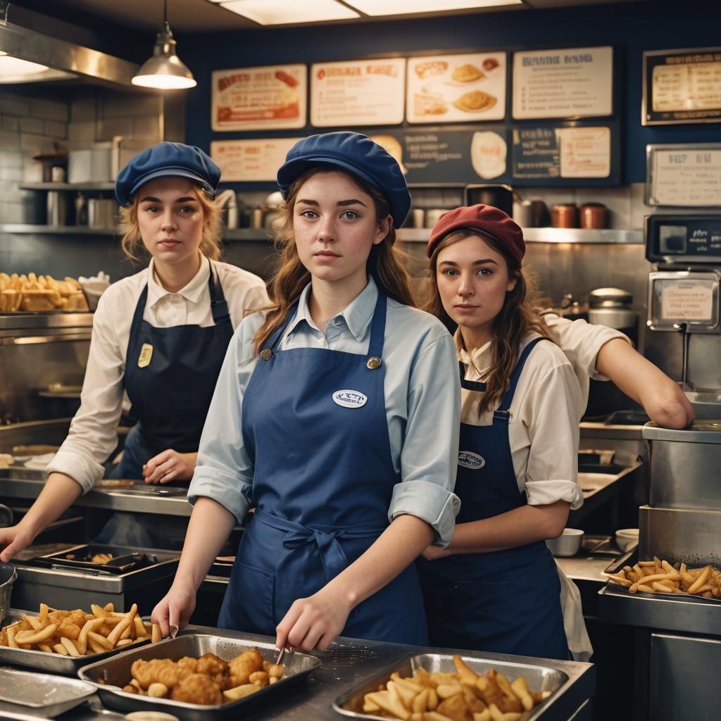 British Twin Sisters Working at Fish and Chips Shop