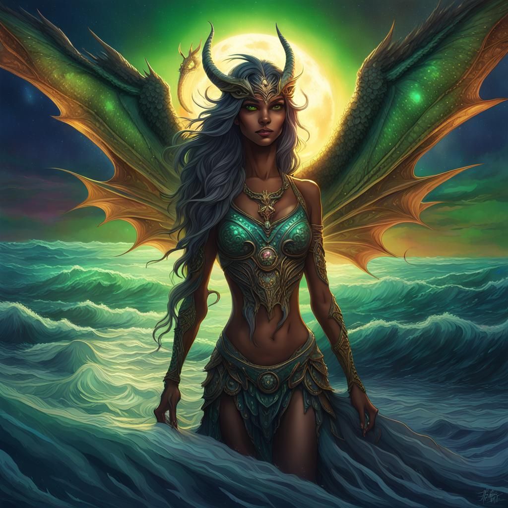 Dragon Angel Girl with Radiant Wings, Digital Art