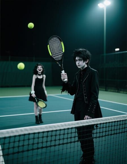 Goth Boy Plays Tennis in Absurd, Cheerful Setting