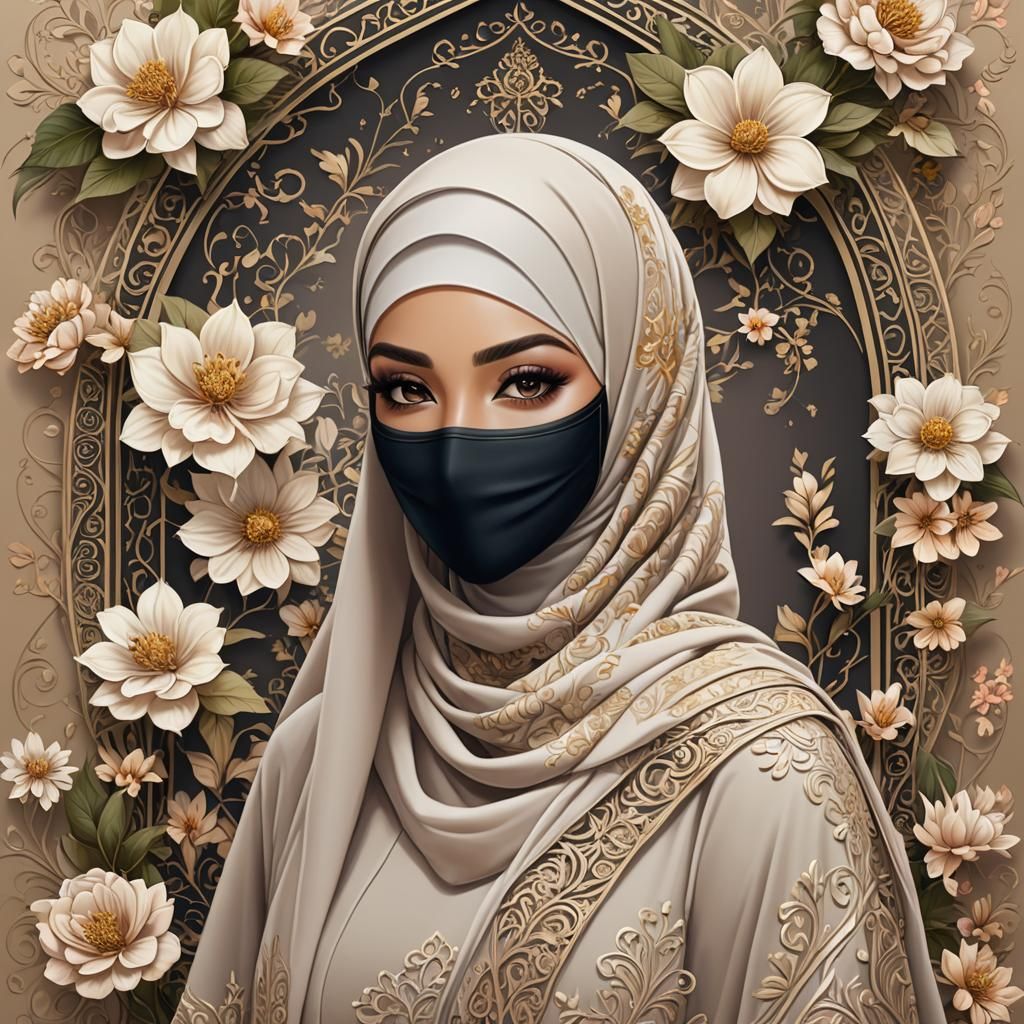 Muslim Woman in Hijab and Mask, Digital Art