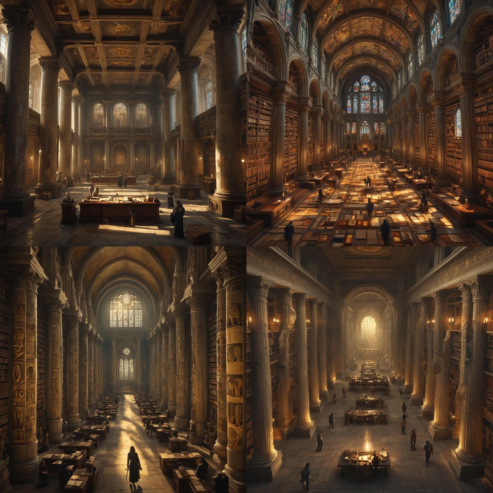 Classical Library Temple with Scholars and Owl Symbols