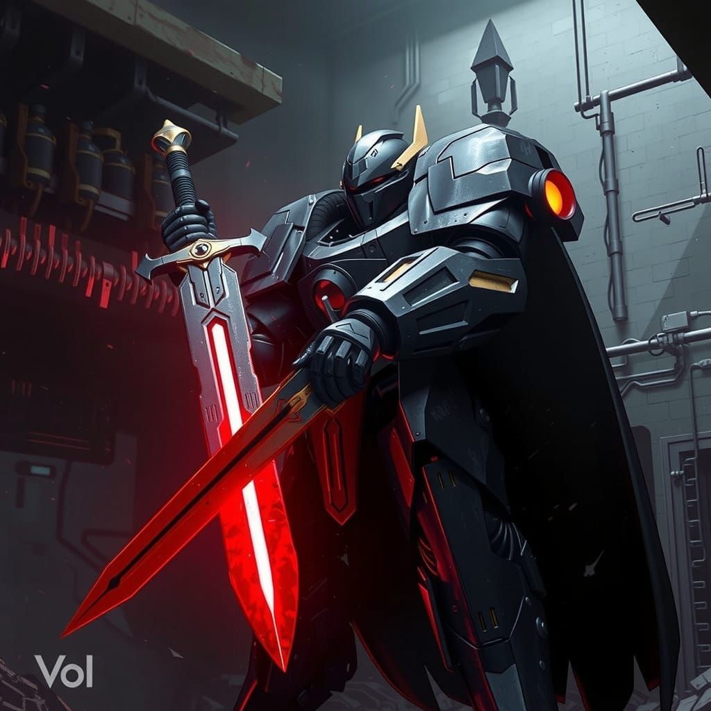 Cyberpunk Mech Knight with Sword and Red Energy Glow