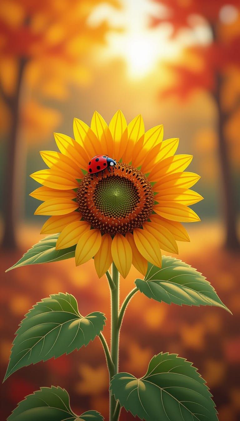 Sunflower with Ladybug in Autumnal Forest