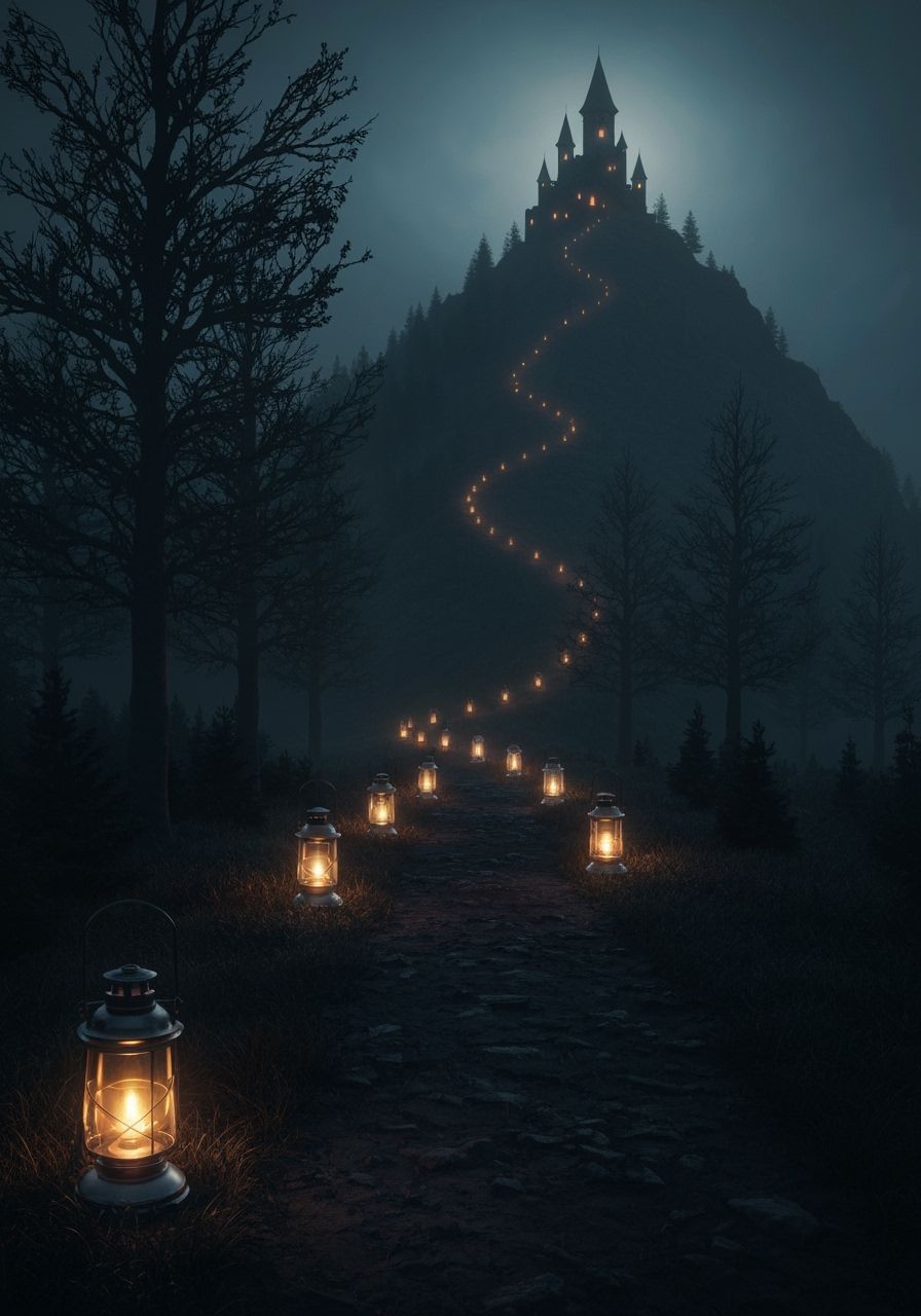Mystic Castle Path Through Dark Fantasy Forest