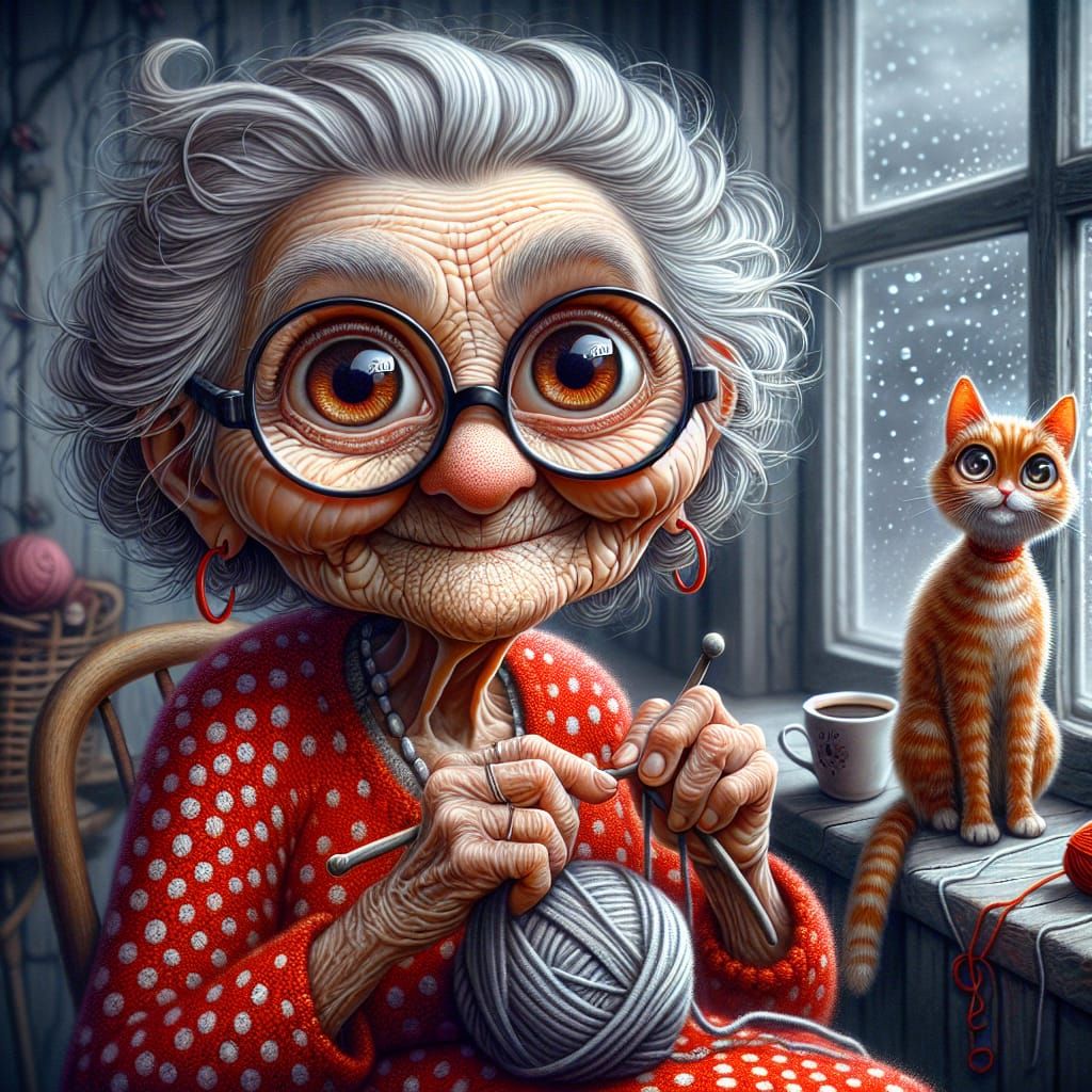 old woman with big brown eyes and her cat
