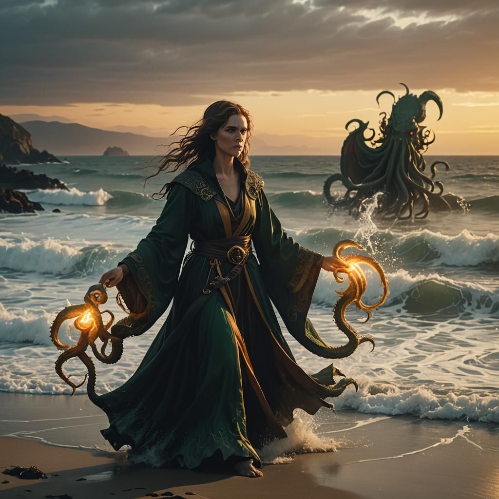 Female Warlock and Cthulhu in Golden Hour Light