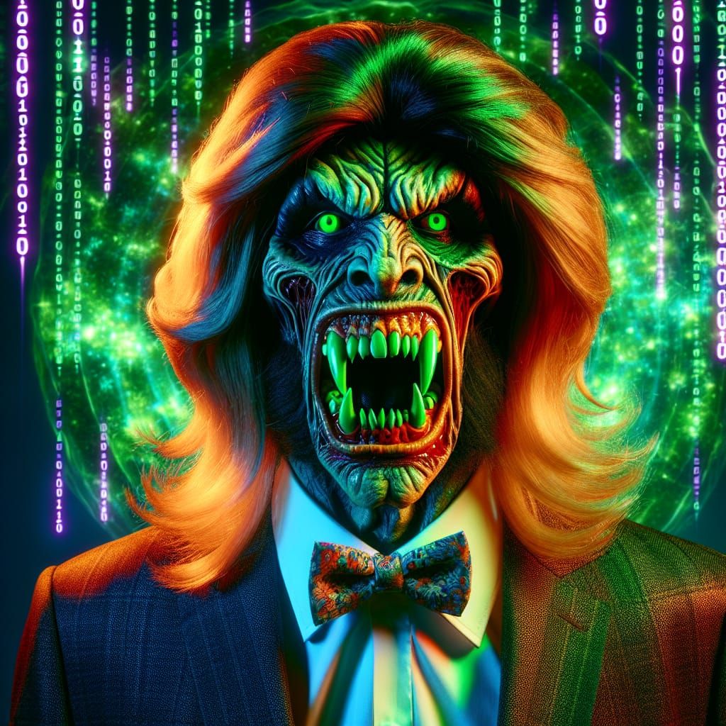 Eccentric Vampire with Glowing Fangs in Binary Code