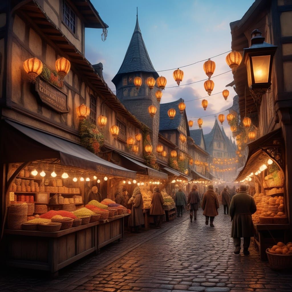 Whimsical Fantasy Market Scene in Vibrant Oil Painting Style