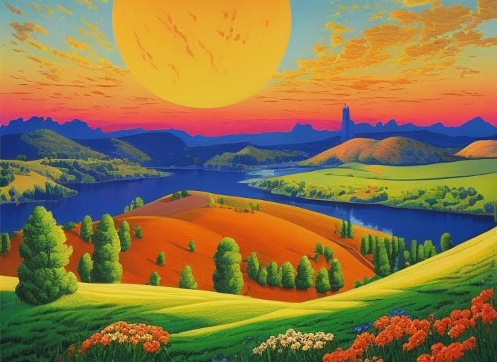 Synthwave Pastoral Landscape in Pop Art Style