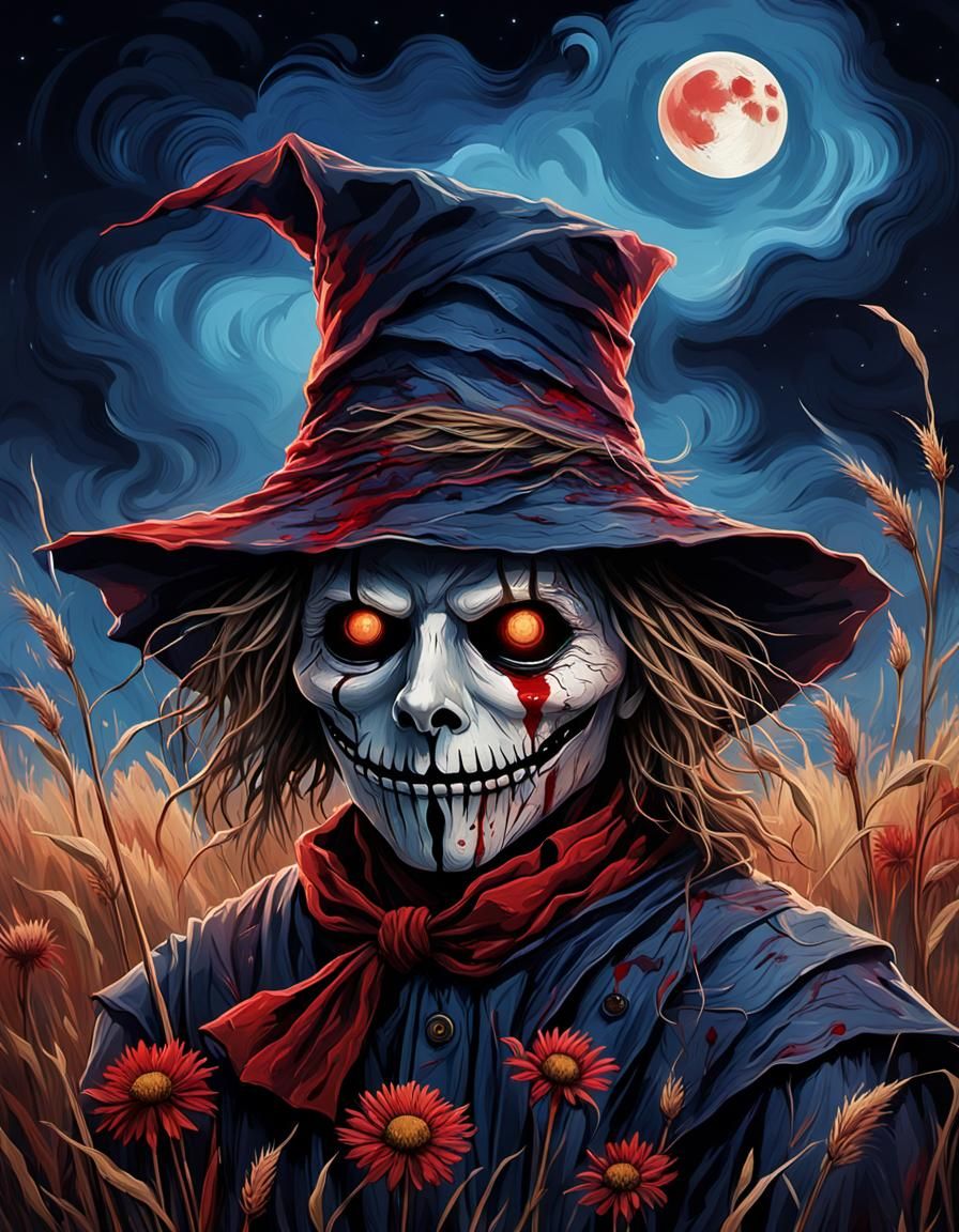 Eerie Scarecrow Portrait in a Moonlit Field