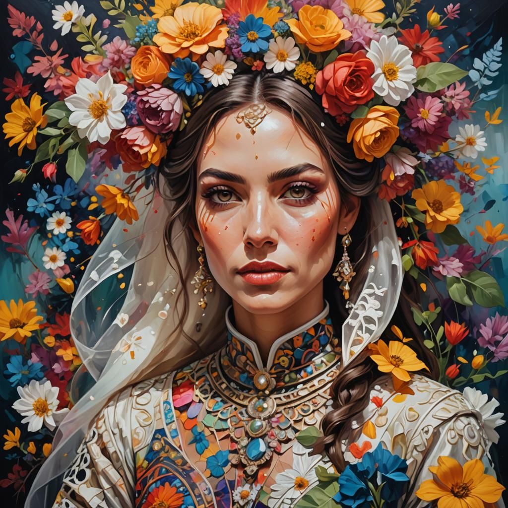 Explorer Bride in Alien World: Hyperrealistic Oil Painting