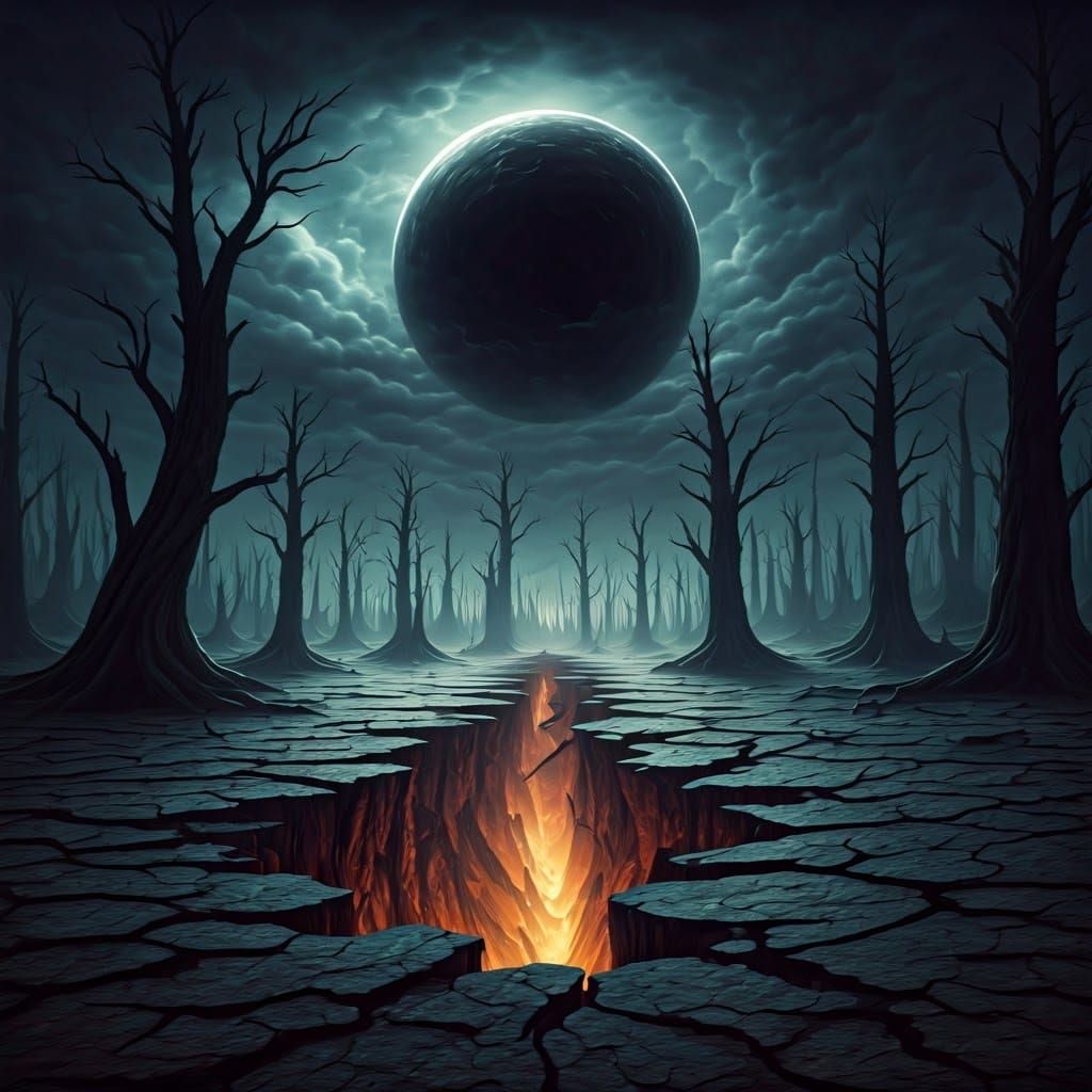 Black Moon Over Earthquake Ravaged Landscape